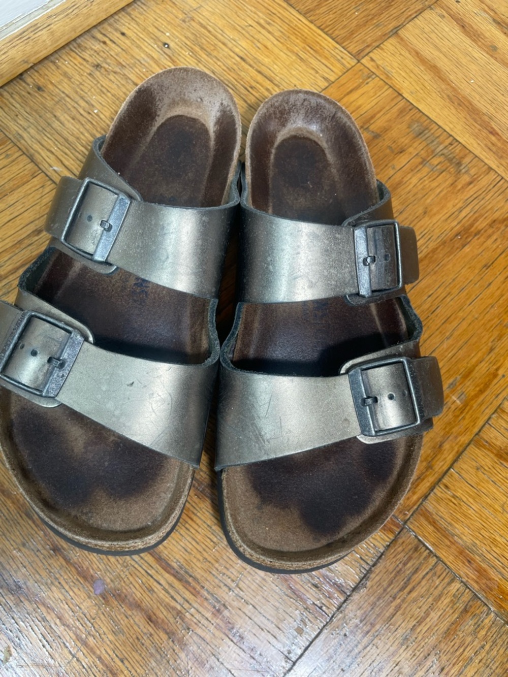Birkenstock Two-Buckle Slide Sandals in Metallic silver